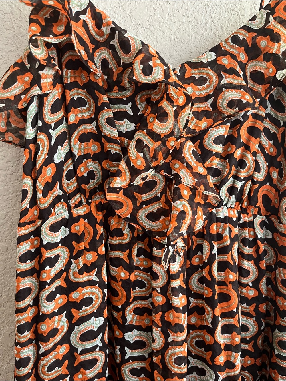 Milly 100% Silk Fish Print Ruffle Spaghetti Strap Maxi Dress Size 4